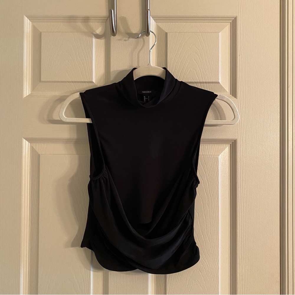 Forever 21 Black Ruched Sleeveless Mock Neck Crop Top Fitted Going Out Top